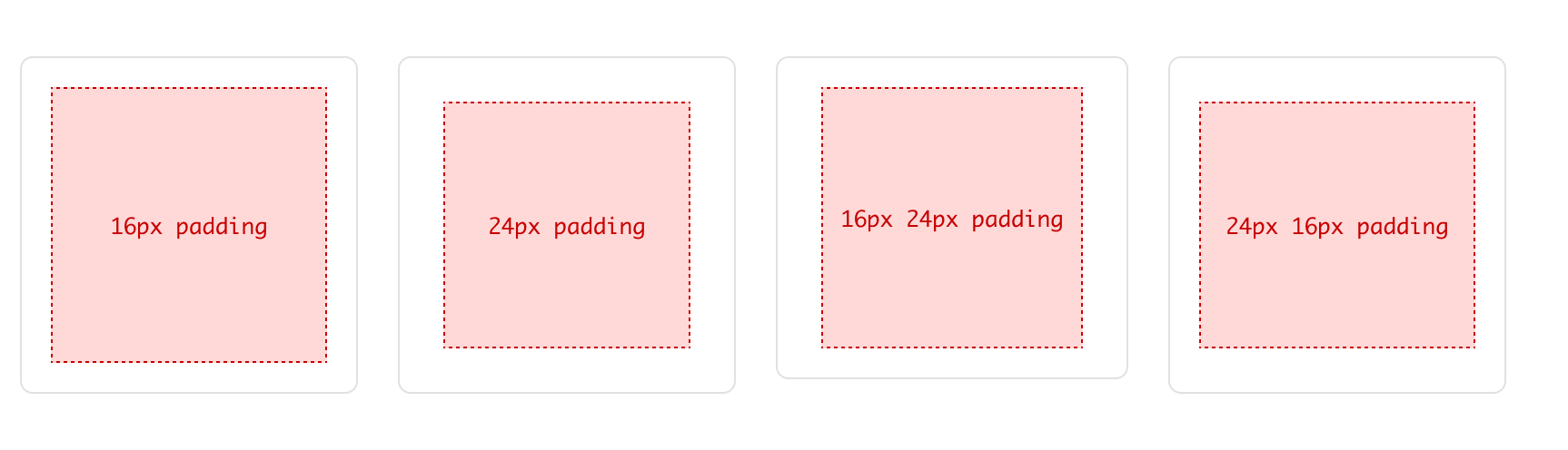 example of card styles for recommended spacing options: 16px, 24px, 16px 24px, 24px 16px
