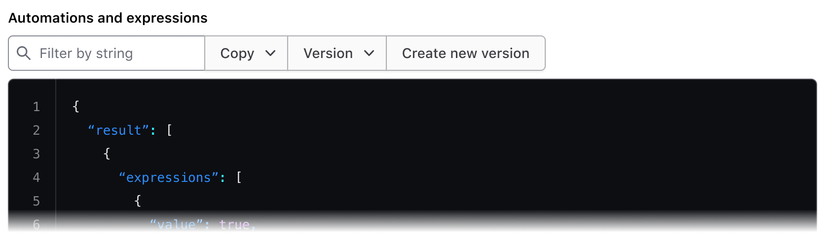 A Code Editor with the external title “Automations and expressions” coupled with a filter input, “Copy” dropdown, “Version” dropdown, and a “Create new version” button.