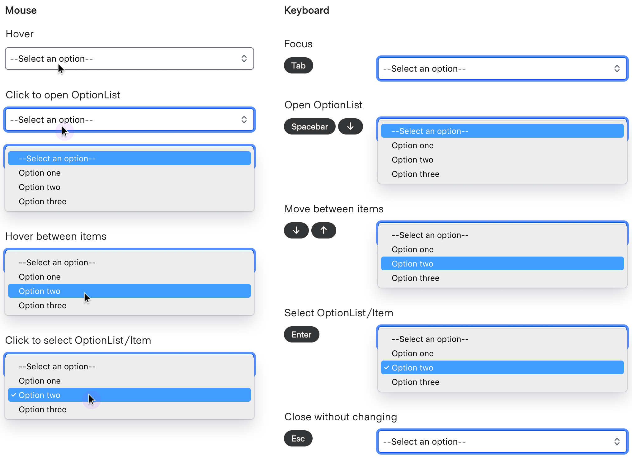 Mouse and keyboard select interactions