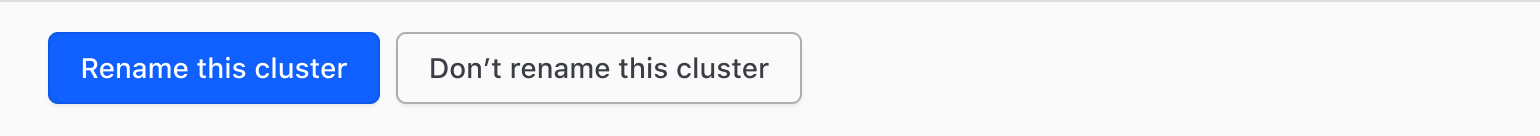 Modal footer example with two buttons: a primary 'Rename this cluster' button and a secondary 'Dont rename this cluster' button