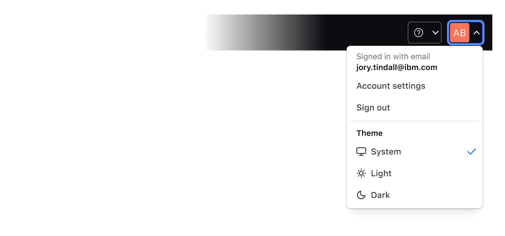 An example of the open user settings menu in the App Header with available theme selection options.